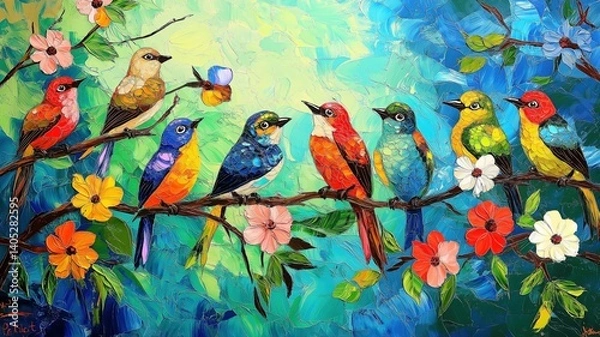 Fototapeta Colorful birds perched on a branch with flowers in a vibrant natural setting