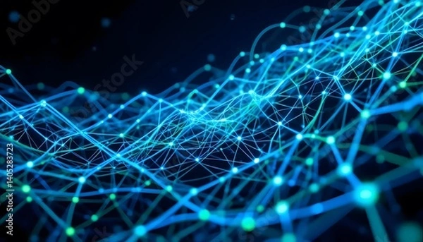 Fototapeta A mesmerizing cosmic network of glowing blue and green energy pulses, creating a dynamic, interconnected landscape of light.