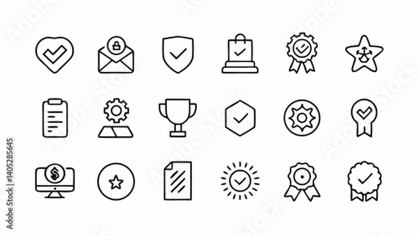 Fototapeta Outline badge icons set illustrating quality assurance excellence certification reward labels best product emblems and digital trust mark in clean line art
