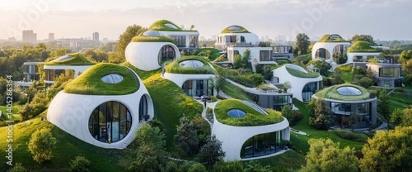 Obraz Eco-friendly, biomorphic housing community nestled on a hillside