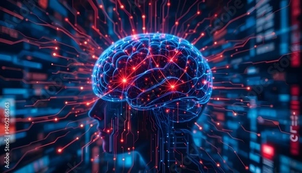 Fototapeta The Mind's Network: A digital brain illuminated, showcasing the intricate connections of thought, in a vibrant blue and red digital landscape.