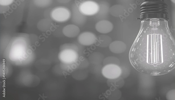 Fototapeta A single incandescent bulb glows brightly, illuminating the unseen potential within a softly blurred, bokeh-filled background.