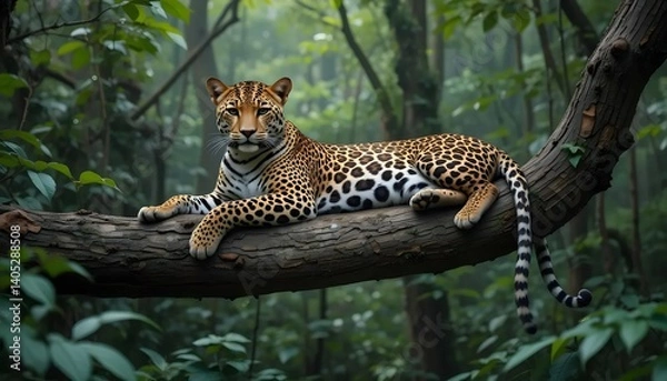 Fototapeta Majestic leopard rests on a jungle branch, a regal guardian of the emerald forest with lush greenery and dappled sunlight.