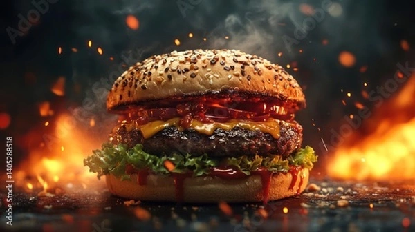 Obraz A large burger with lettuce and cheese on a bun