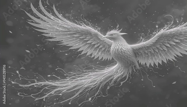 Fototapeta A majestic white phoenix in graceful flight, its ethereal wings and flowing tail leaving a trail of shimmering light against a dark, moody sky.