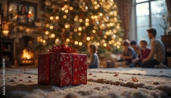 Fototapeta A lovingly wrapped Christmas gift awaits, nestled by a warm fireplace and twinkling tree, a family's joyful anticipation palpable in the soft, glowing light.