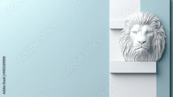 Fototapeta Lion Head Sculpture: A minimalist composition featuring a majestic lion head sculpture on a backdrop of soft pastel colors, evoking feelings of strength and serenity.