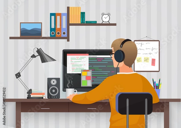 Fototapeta Back view of young man wearing headphones sitting at thew desk vector illustration. Teenager using PC in the own room.