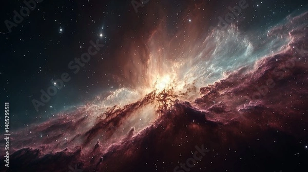 Fototapeta Fiery nebula with swirling red and white gases, illuminating a dark cosmic backdrop speckled with stars