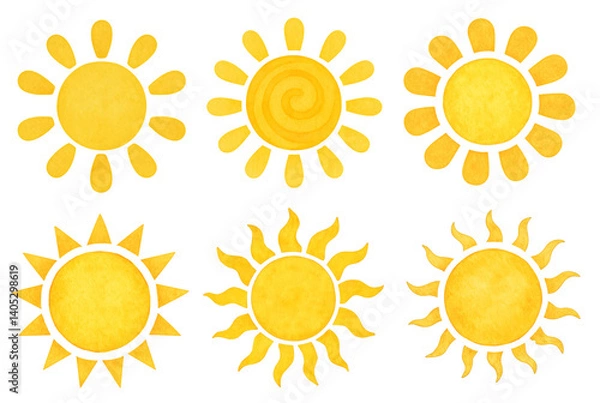 Fototapeta Watercolor Sun Clip Art on isolated transparent background with different sun rays collection 