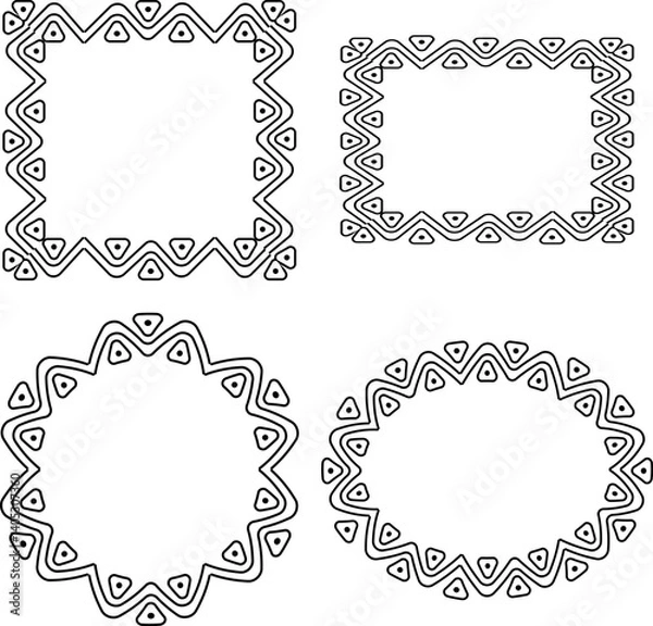 Fototapeta A set of decorative frames in ethnic style. A set of ethnic style frames, black and white outline. Black and white silhouette, vector and illustration