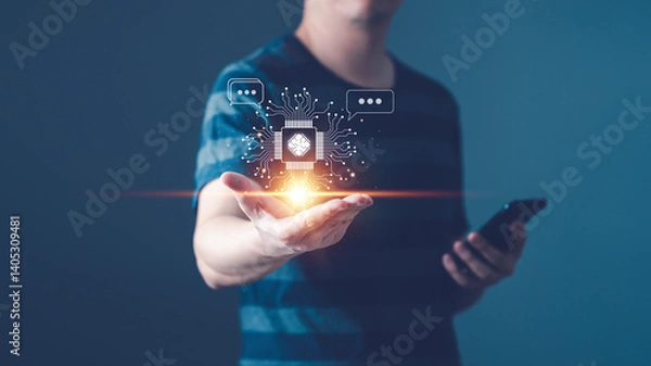 Fototapeta Man chat to AI or artificial intelligence technology. Concept of using AI technology, Chatting to support work and managing data via smart phone