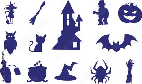 Fototapeta Spooky Halloween Silhouette Icon Set in Flat Style