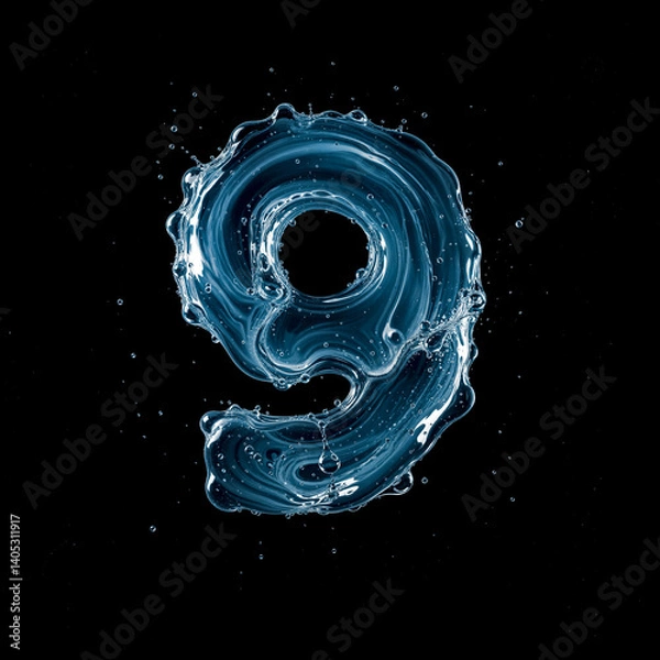 Obraz Number 9 Made of Splashing Water on Black Background – 3D Liquid Typography Concept