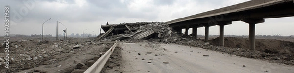 Fototapeta collapsed highway overpass lies in ruins after devastating earthquake, with debris scattered across road under cloudy sky.