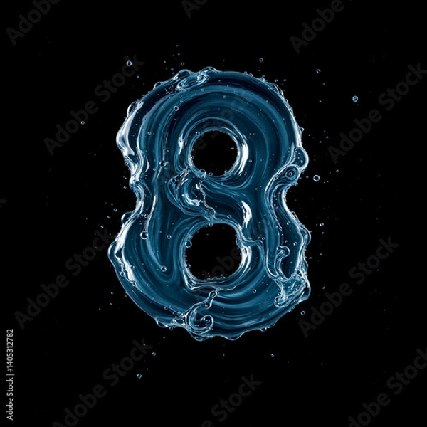 Obraz Number 8 Made of Splashing Water on Black Background – 3D Liquid Typography Concept