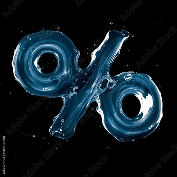 Obraz Symbol Percent Made of Splashing Water on Black Background – 3D Liquid Typography Concept