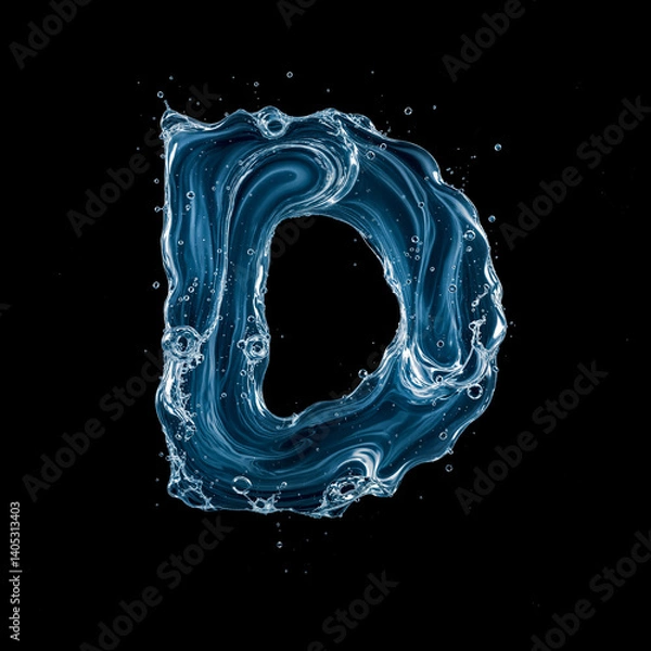 Obraz Letter D Made of Splashing Water on Black Background – 3D Liquid Typography Concept