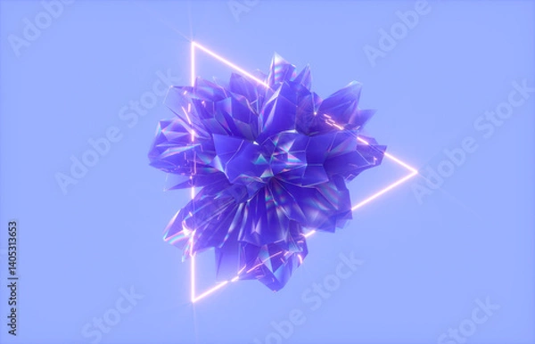 Fototapeta Abstract crystal fractal gem with neon light background. 3d rendering