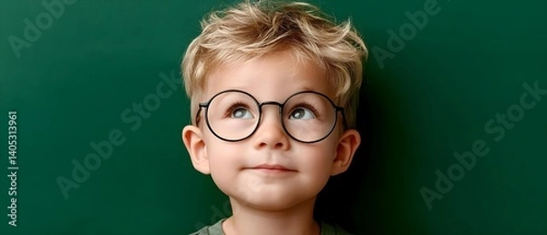 Fototapeta Curious child with glasses gazing upwards