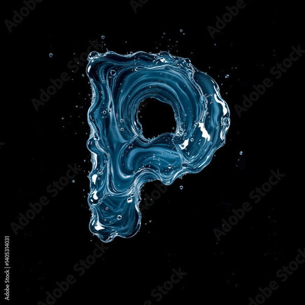 Obraz Letter P Made of Splashing Water on Black Background – 3D Liquid Typography Concept