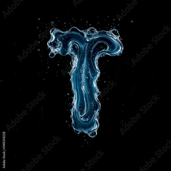Obraz Letter T Made of Splashing Water on Black Background – 3D Liquid Typography Concept