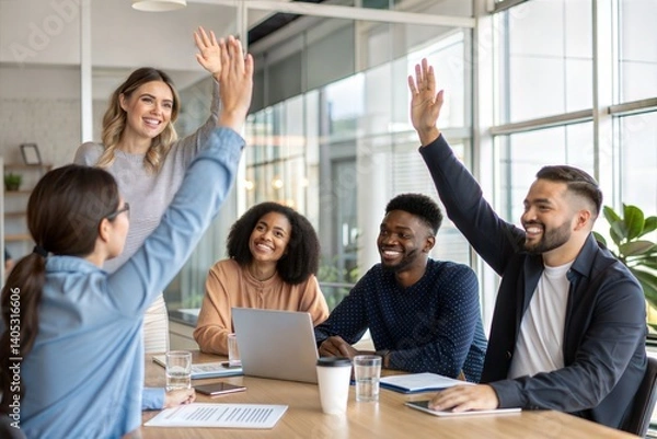 Fototapeta A diverse startup team waving hands to welcome a new member at a corporate meeting. (Welcome)