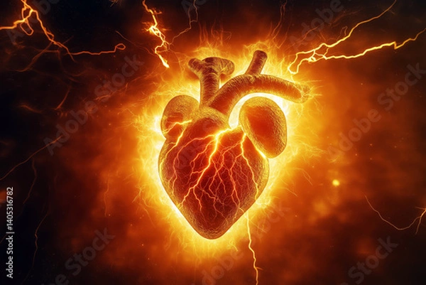 Fototapeta A conceptual image of a human heart with electric discharges around it, symbolizing the impact of solar storms on cardiovascular health.