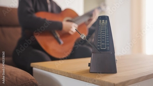 Obraz Musician practicing guitar using a metronome for perfect timing