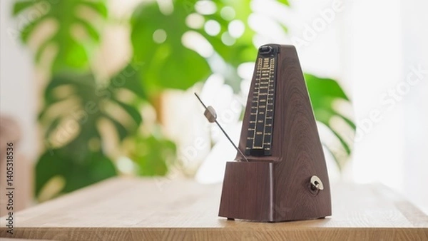 Obraz Vintage metronome ticking on wooden table with green foliage background
