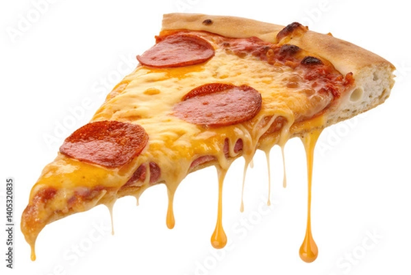 Fototapeta A highly detailed and realistic slice of pepperoni pizza with exaggerated melted cheese and golden sauce dripping from it. The slice is isolated on a transparent background, making it ideal for food-r