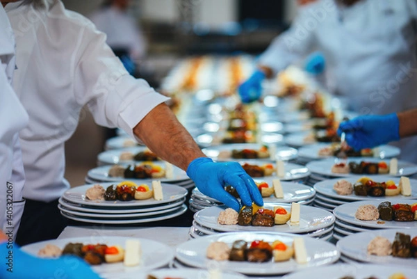 Fototapeta A long table prepared by a catering company for a special invitation. Plates are being filled one by one for service.