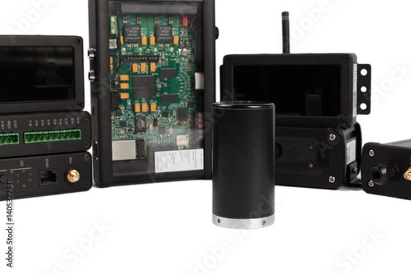 Fototapeta Modern electronic circuits on a white background, a set of various devices
