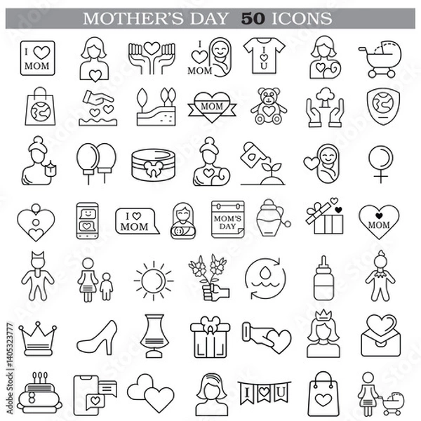 Fototapeta Art & Illustration A collection of minimalistic line icons themed around Mother's Day, Mother's Day Line Icons Set 