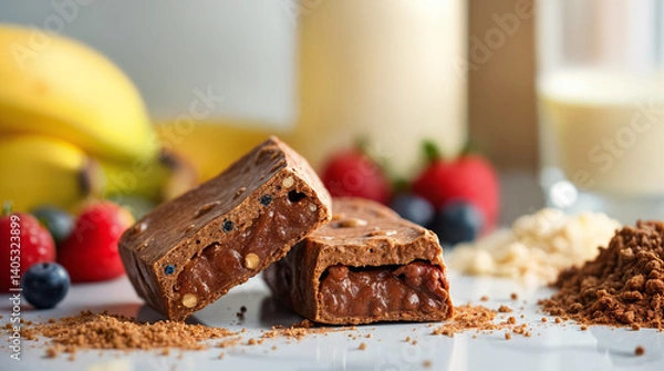 Fototapeta Chocolate Protein Bars with Fresh Berries and Crunchy Texture