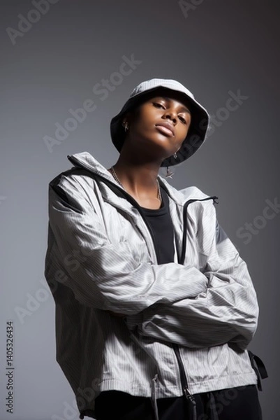 Fototapeta a young androgynous model wearing oversized sports jacket and bucket hat, striking a confident pose against a plain gray background, dramatic light and shadow,