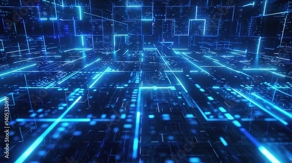 Fototapeta Futuristic Digital Grid Background with Glowing Blue Tech Lines and Data Blocks
