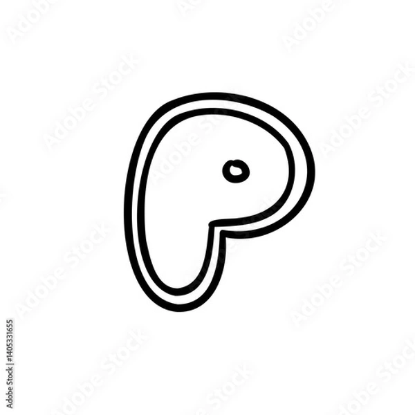 Fototapeta Stroke letter P of latin english language. Black font symbol in hand drawn doodle style. Vector illustration isolated on white background. For presentation, logo, branding, font, education.