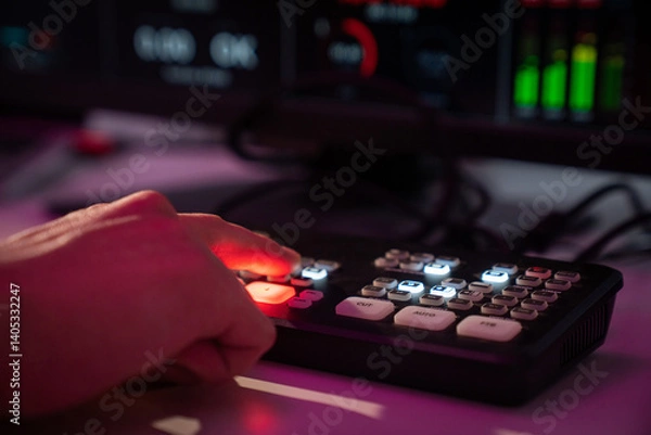 Fototapeta Person Operating Video Switcher in Professional Broadcast Setup