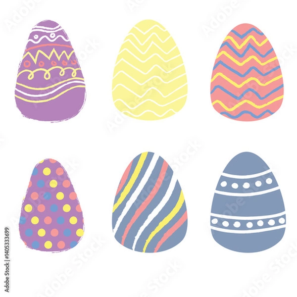 Fototapeta six Easter eggs decorated with various patterns and bright colors, happy easter