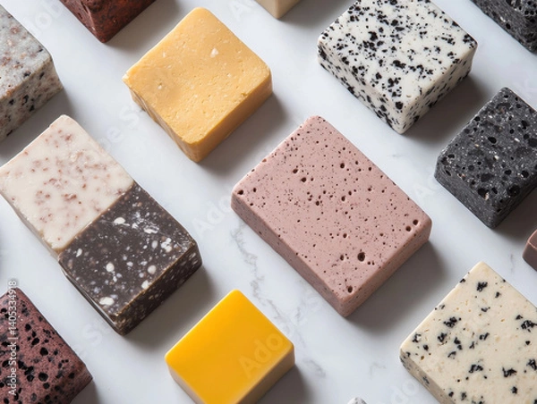 Fototapeta Handcrafted soap bars in various colors and textures arranged neatly on marble surface, showcasing variety of natural ingredients and artistic designs that evoke sense of luxury and care