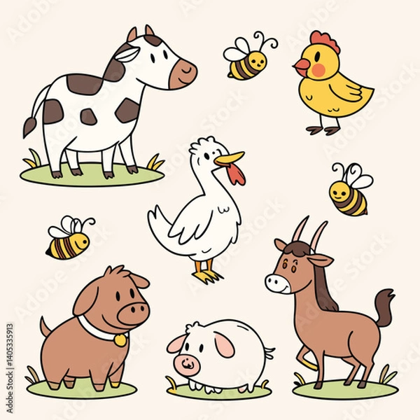 Fototapeta collection of cute farm and domestic animals icons