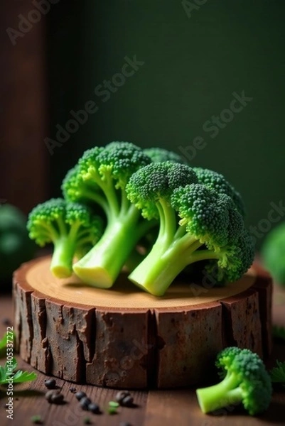 Obraz Vibrant green broccoli florets atop rustic wooden stump , nutrition, crisp, organic