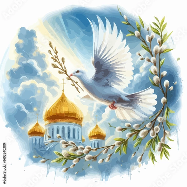 Obraz Peaceful Palm Sunday Vector Illustration: Dove, Golden Domes, and Pussy Willow Branches