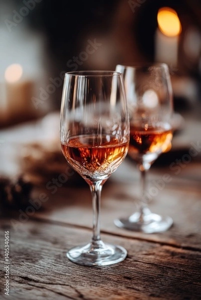 Fototapeta An intimate shot of two crystal glasses brimming with rosé wine placed on a rustic table.