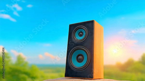 Fototapeta Wooden speaker outdoors at sunset. Generative AI