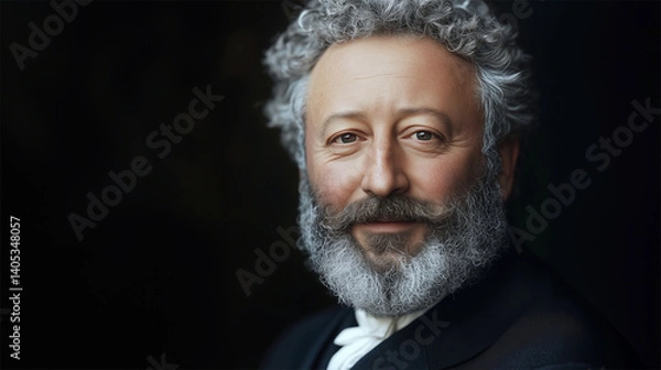Obraz Artistic portrait of Jules Verne with curly hair and beard in classic 19th-century style
