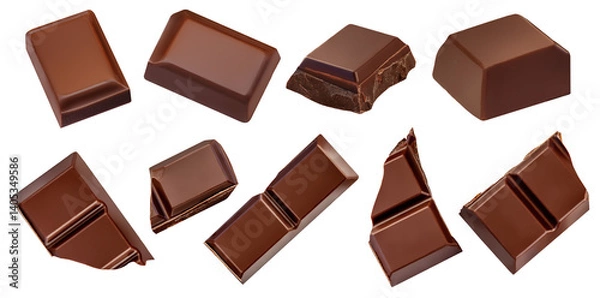Obraz Dark chocolate bar pieces isolated. Collection. Milk chocolate bar on white background. Top view. Flat lay. Package design element.