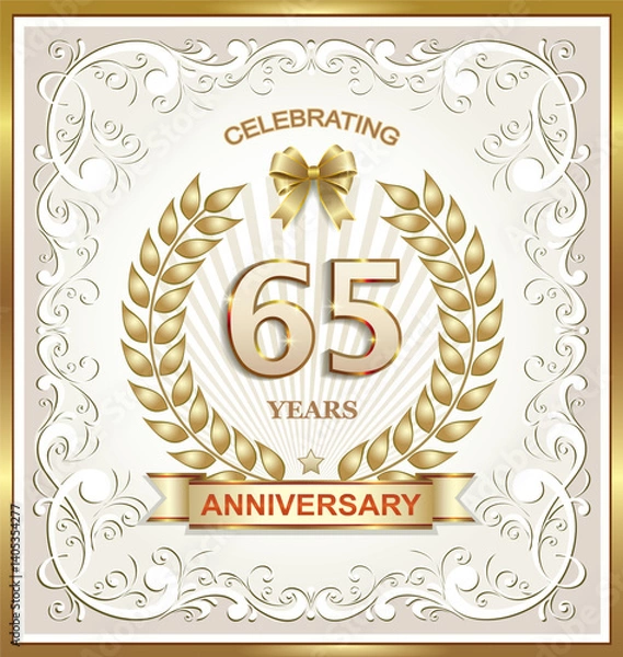 Obraz 65th Anniversary design template with laurel wreath in golden frame with creative pattern on light background with ribbon for poster, banner, brochure, magazine, booklet, invitation, greeting card.