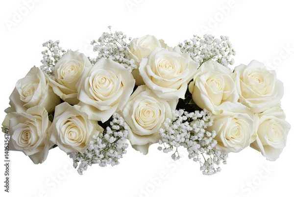 Obraz Exquisite arrangement of white roses and baby's breath against a transparent background. Timeless beauty